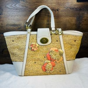 Coach Hampton Floral Appliqué Straw Tote Shoulder Bag
